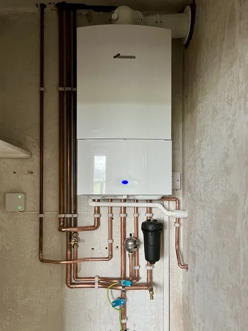 Wall-mounted boiler with system filter and controls